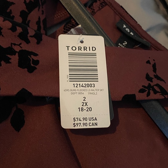 torrid Dresses & Skirts - Torrid Burgundy Halter Dress with Black Flocked Design